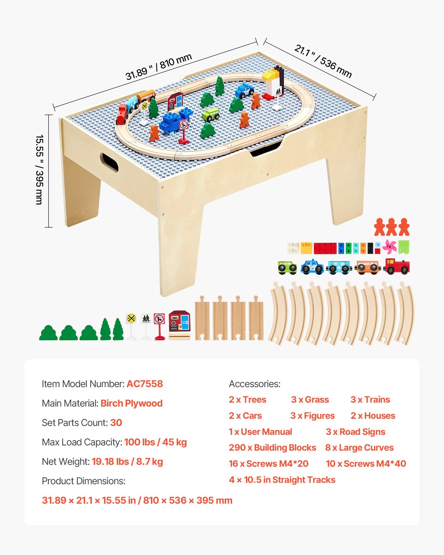 VEVOR Multi-Purpose Activity Play Table 290 Building Bricks & 30 Piece Accessories